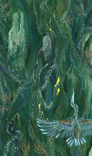 An illustration of a woman swimming through long green organic tendrils containing the shapes of birds and other creatures.