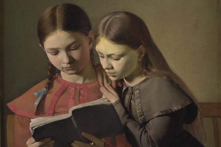 Painting of two young girls reading a book