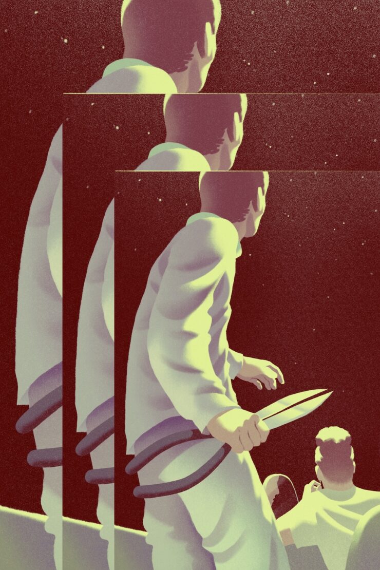 An illustrated recursive image of a man gripping large garden shears as he creeps up behind a couple.