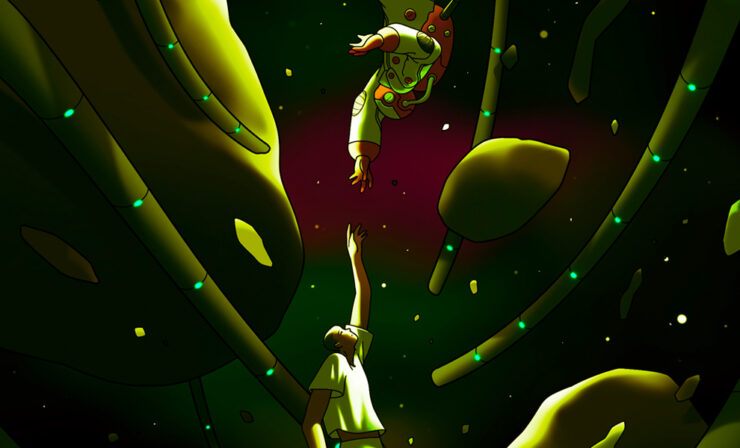 An illustration of two people reaching for each other in space, one is wearing a spacesuit and the other is not.
