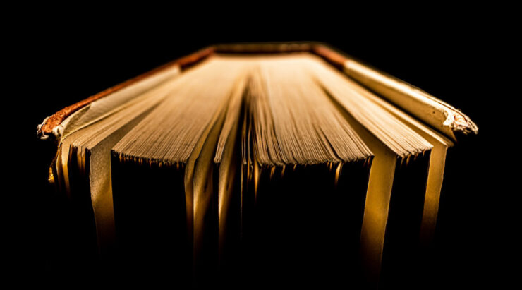 High contrast photo of a book with gold pages