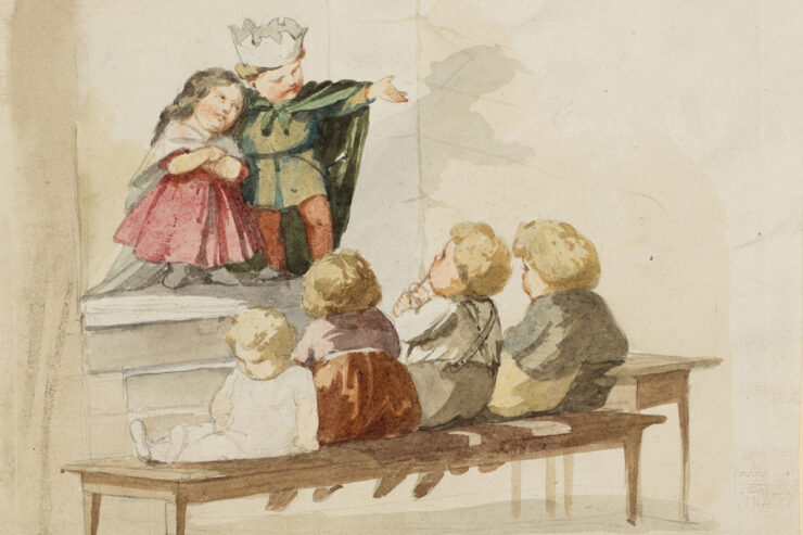 Watercolor sketch depicting two children on stage, performing for an audience of four other children.
