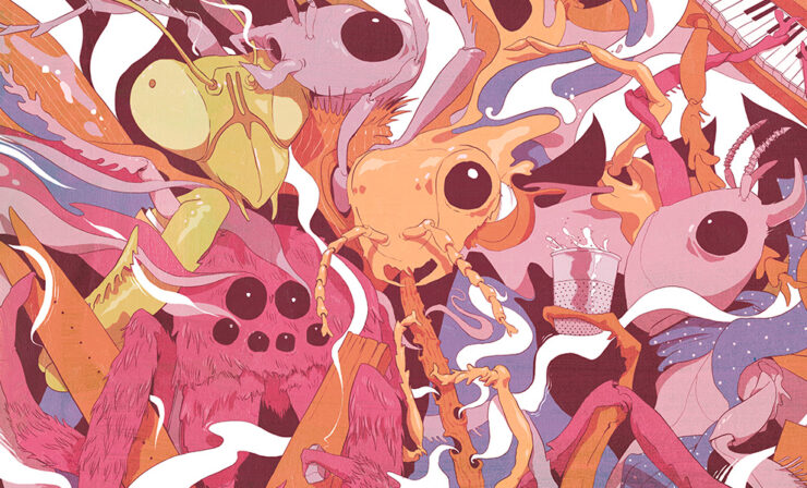 An illustration of a colorful group of insects at a party.