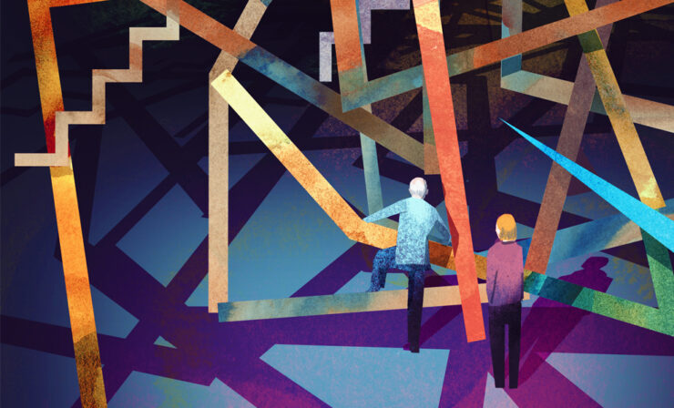 An illustration of two small figures facing a colorful jumble of giant abstract lines and shapes.