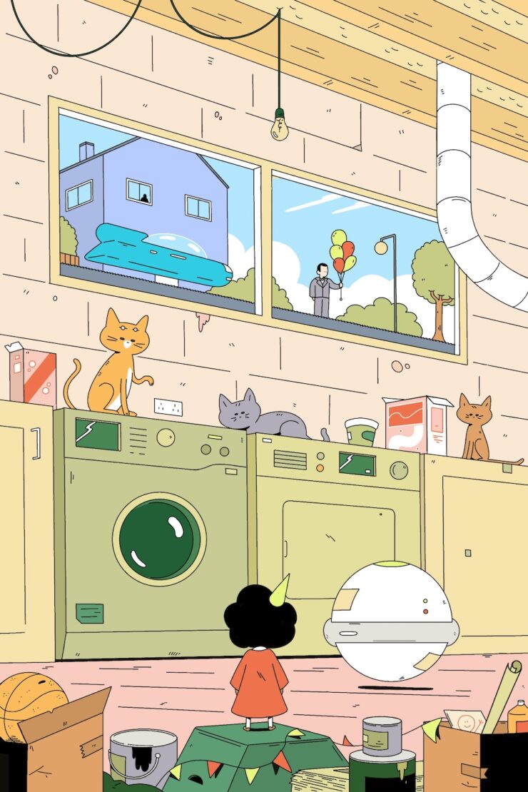 An illustration of a small child with an orb-like robot peering up at several cats on a counter.