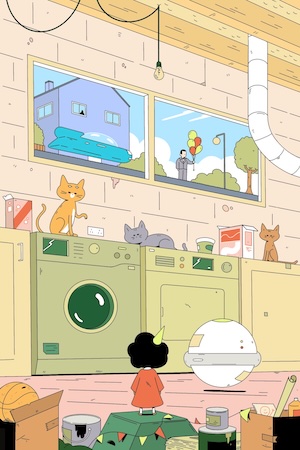 An illustration of a small child with an orb-like robot peering up at several cats on a counter.
