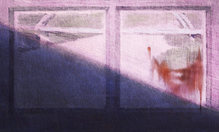 An illustration of a reddish orange blur resembling a human face peering out from a dusty window pane.