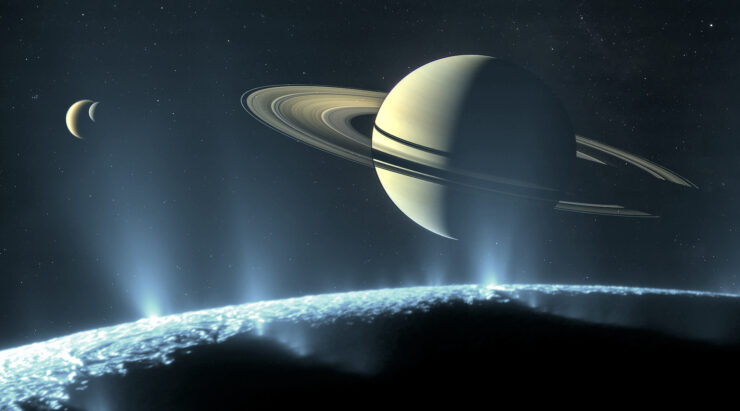 Concept art of Saturn and several moons
