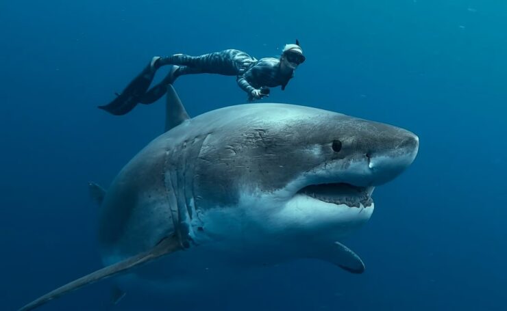 Image of Ocean Ramsey swimming with a shark in the documentary Shark Whisperer