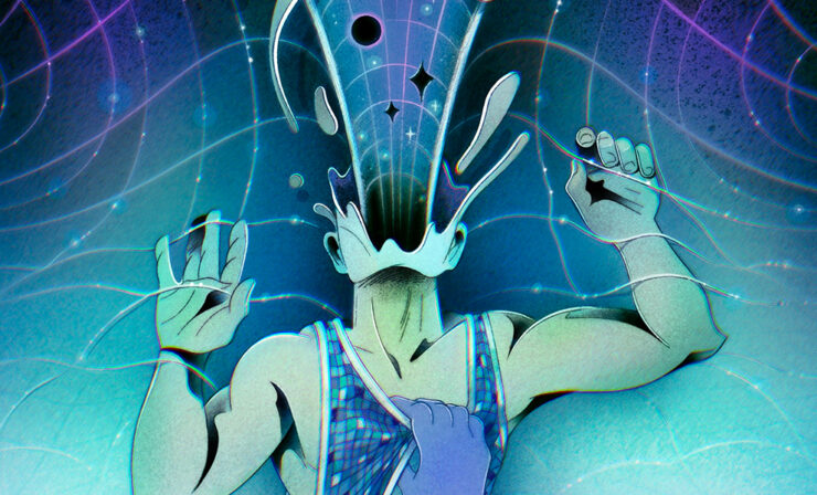 An illustration of a person’s head tilted back and exploding as it forcefully ejects the fabric of space and time, which takes the form of a femme face.