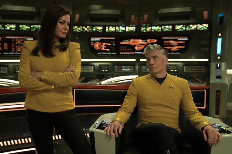 Lt. Cmdr. Chin-Riley (Rebecca Romijn) and Captain Pike (Anson Mount) in season 3 of Strange New Worlds