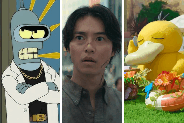 Images from three TV series returning in September 2025: Futurama, Alice in Borderland, and Pokemon Concierge
