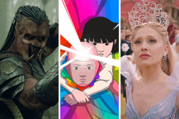 Images from three genre movies releasing in November 2025: Predator: Badlands; Arco; and Wicked: For Good