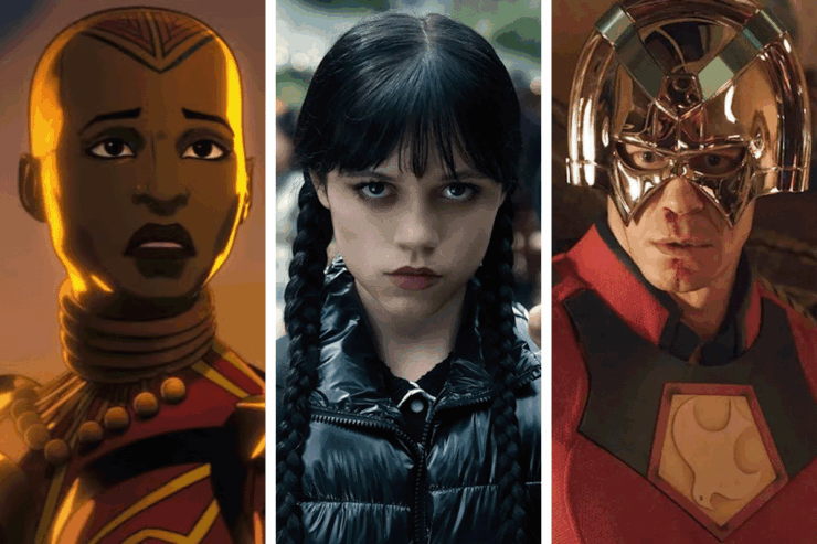 Images from three television series premiering or returning in August 2025: Eyes of Wakanda; Jenna Ortega in Wednesday; John Cena in Peacemaker