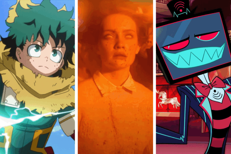 Images from three genre tv series premiering in October 2025: My Hero Academia, IT: Welcome to Derry, and Hazbin Hotel