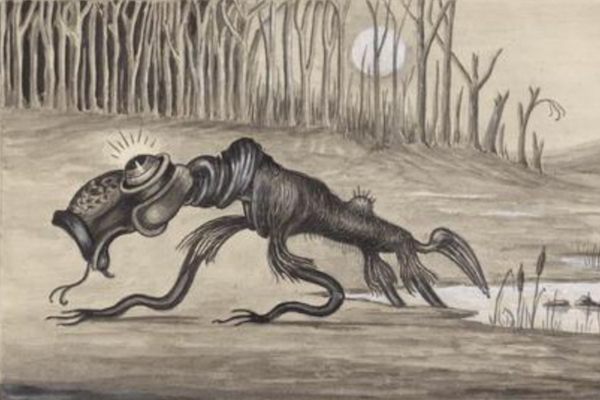 Black and white illustration of a "bunyip", a creature described in Australian folklore